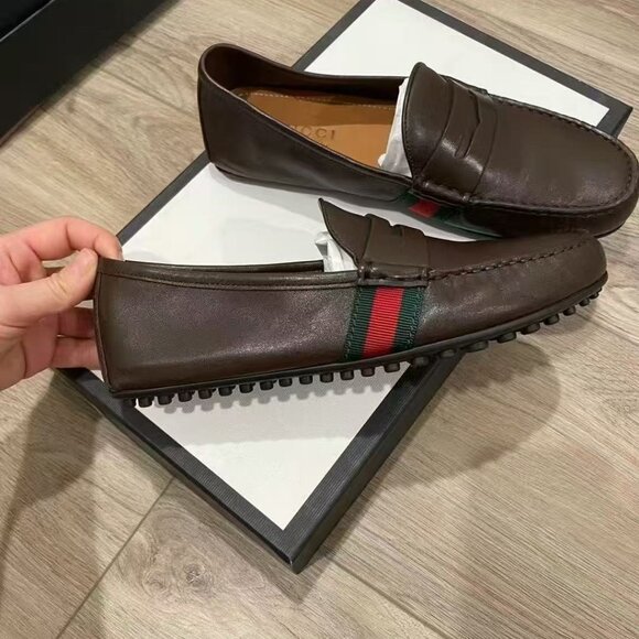 NIB Authentic Gucci Web Leather Men Loafers In Brown - Picture 1 of 5